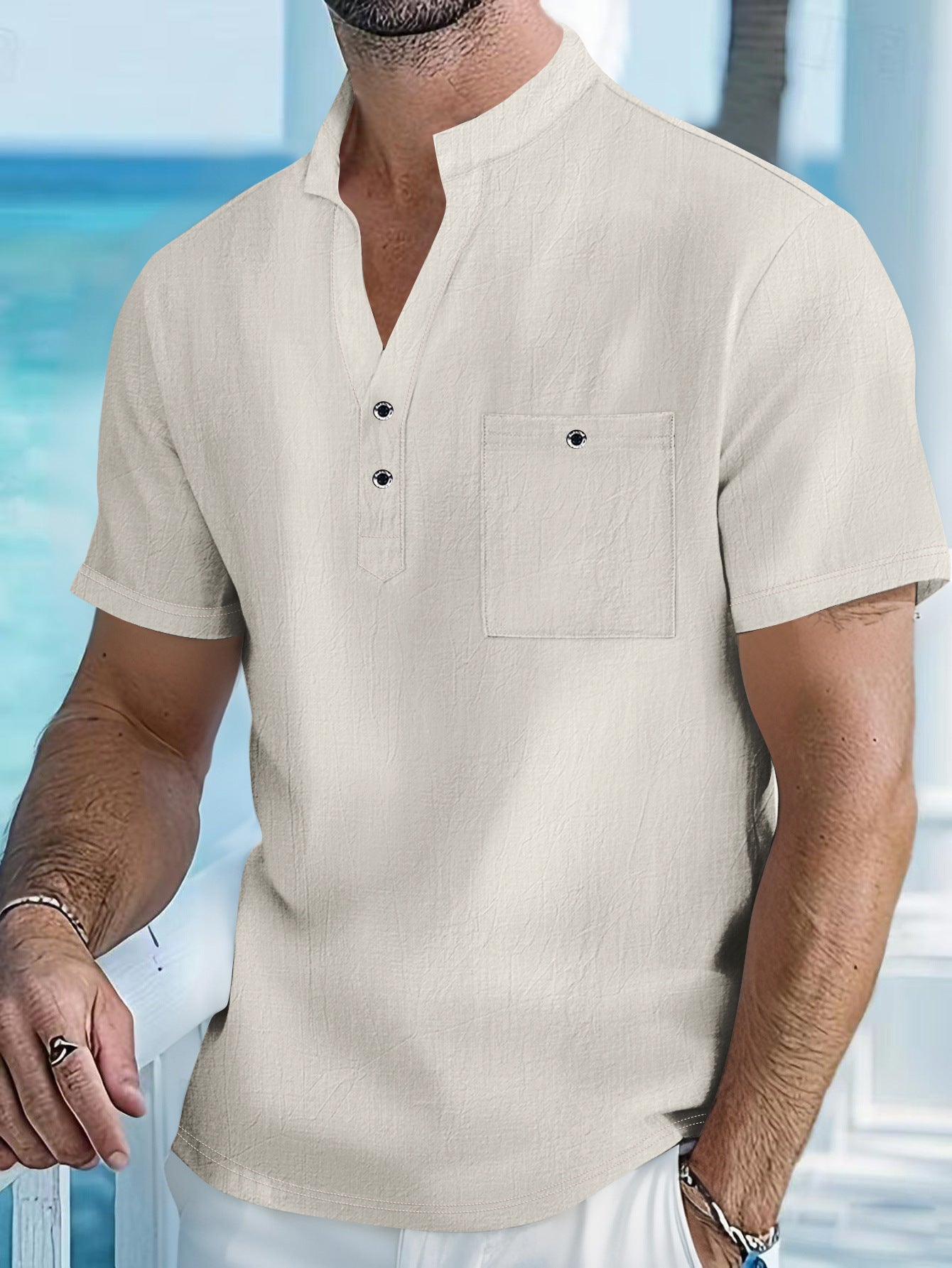 Stand Collar T-shirt Linen Short Sleeve Shirt Men
