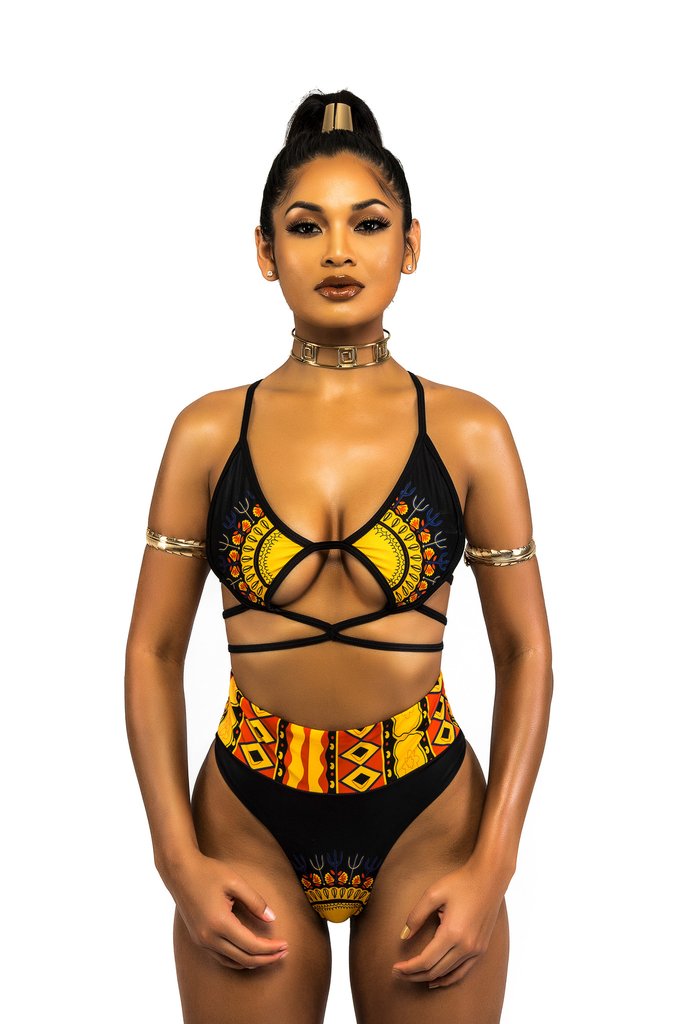 African Print Two-Pieces Bath Suits Bikini Set Sexy Geometric Swimwear Swimsuit Golden High Waist Swimming Suit Enfom Clothing