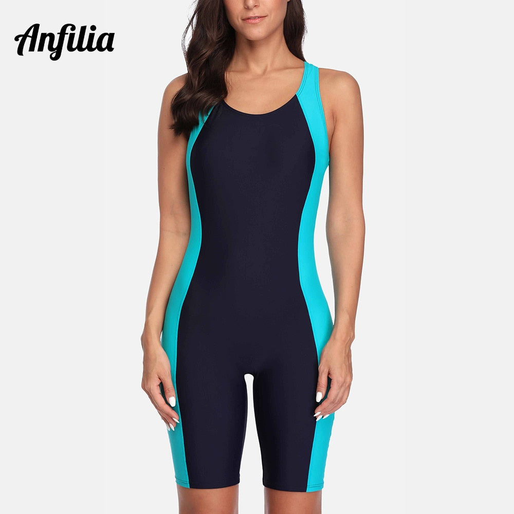 Anfilia One Piece Women Pro Sports Swimwear Boyleg Knee-length Sport Swimsuit Patchwork Bikini Beach Wear Bathing Suit Enfom Clothing