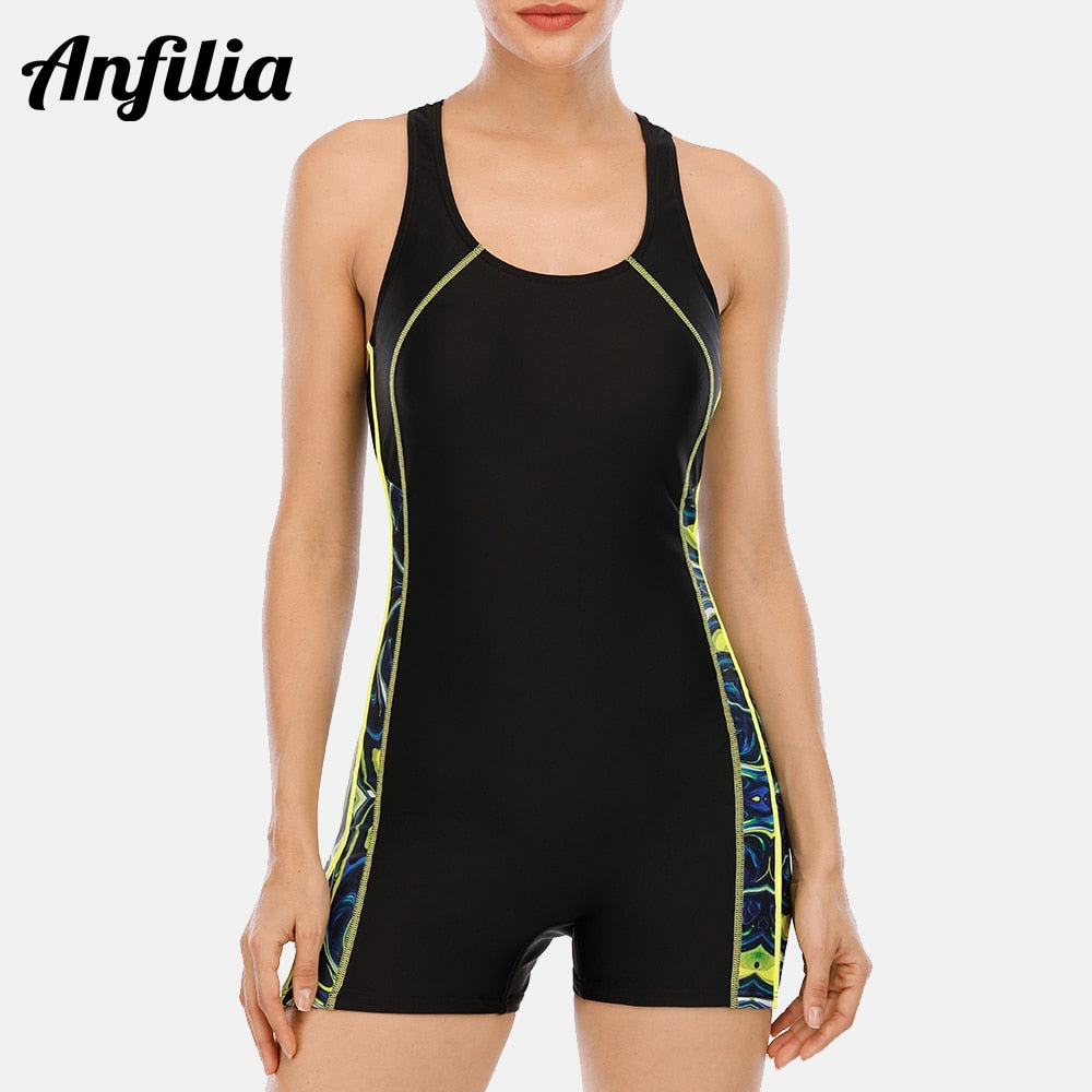 Anfilia One Piece Women Pro Sports Swimwear Boyleg Sport Swimsuit Patchwork Bikini Beach Wear Bathing Suit Enfom Clothing