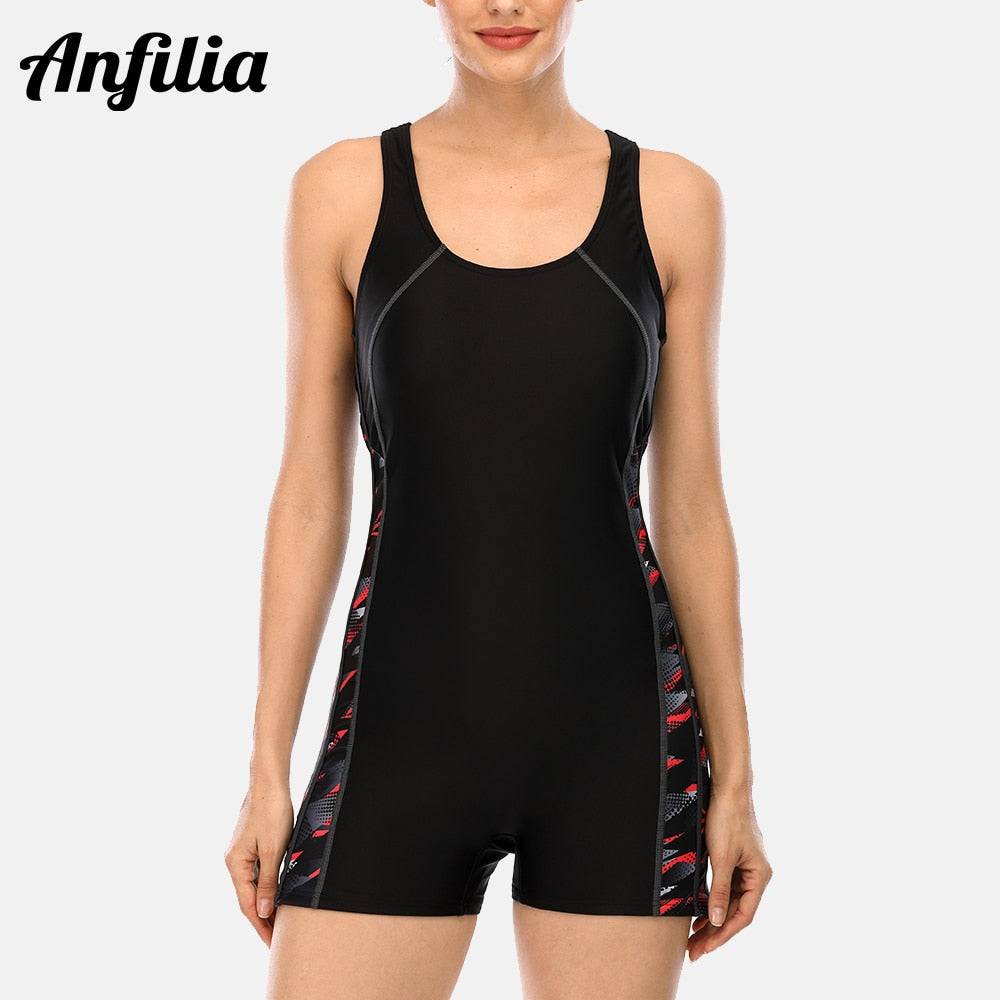 Anfilia One Piece Women Pro Sports Swimwear Boyleg Sport Swimsuit Patchwork Bikini Beach Wear Bathing Suit Enfom Clothing