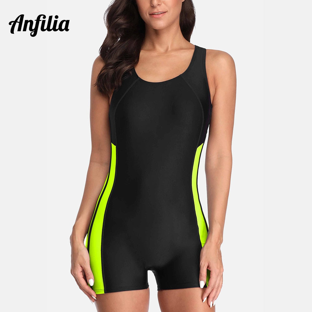 Anfilia One Piece Women Pro Sports Swimwear Boyleg Sport Swimsuit Patchwork Bikini Beach Wear Bathing Suit Enfom Clothing