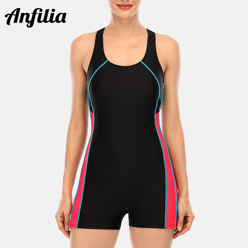 Anfilia One Piece Women Pro Sports Swimwear Boyleg Sport Swimsuit Patchwork Bikini Beach Wear Bathing Suit Enfom Clothing