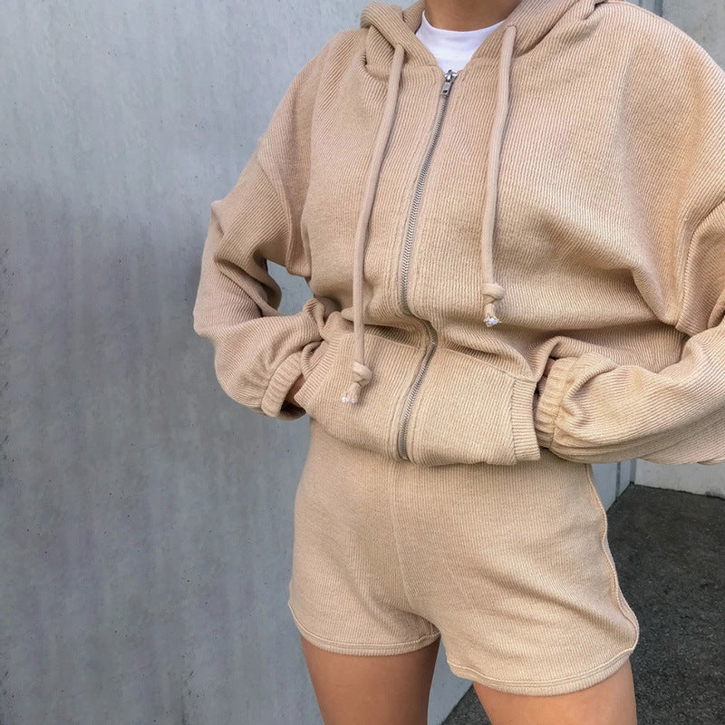 Autumn And Winter New Corduroy Sports Long Sleeve Hooded Loose Top Sports Shorts Set Enfom Clothing