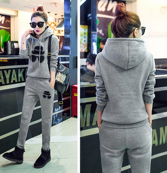 Autumn and winter new plus velvet thickening hooded long-sleeved trousers casual sweater fashion embroidery sports suit Enfom Clothing