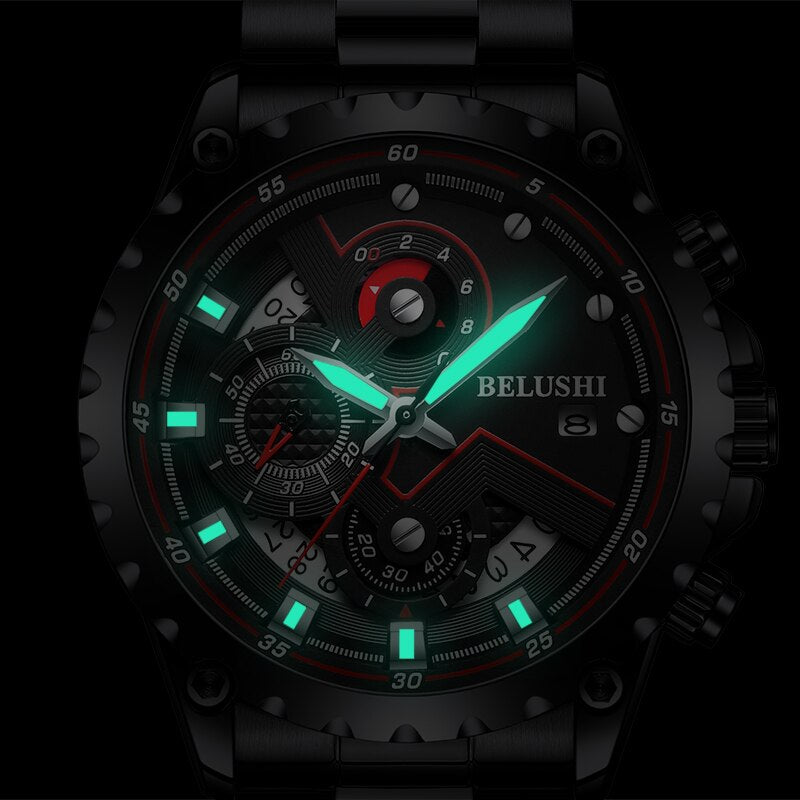 BELUSHI Mens Watches Stainless Steel Top Brand Luxury Quartz Watch Men Waterproof Chronograph Sport Wristwatch Relogio Masculino Enfom Clothing