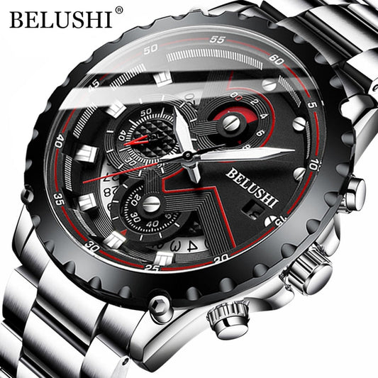 BELUSHI Mens Watches Stainless Steel Top Brand Luxury Quartz Watch Men Waterproof Chronograph Sport Wristwatch Relogio Masculino Enfom Clothing