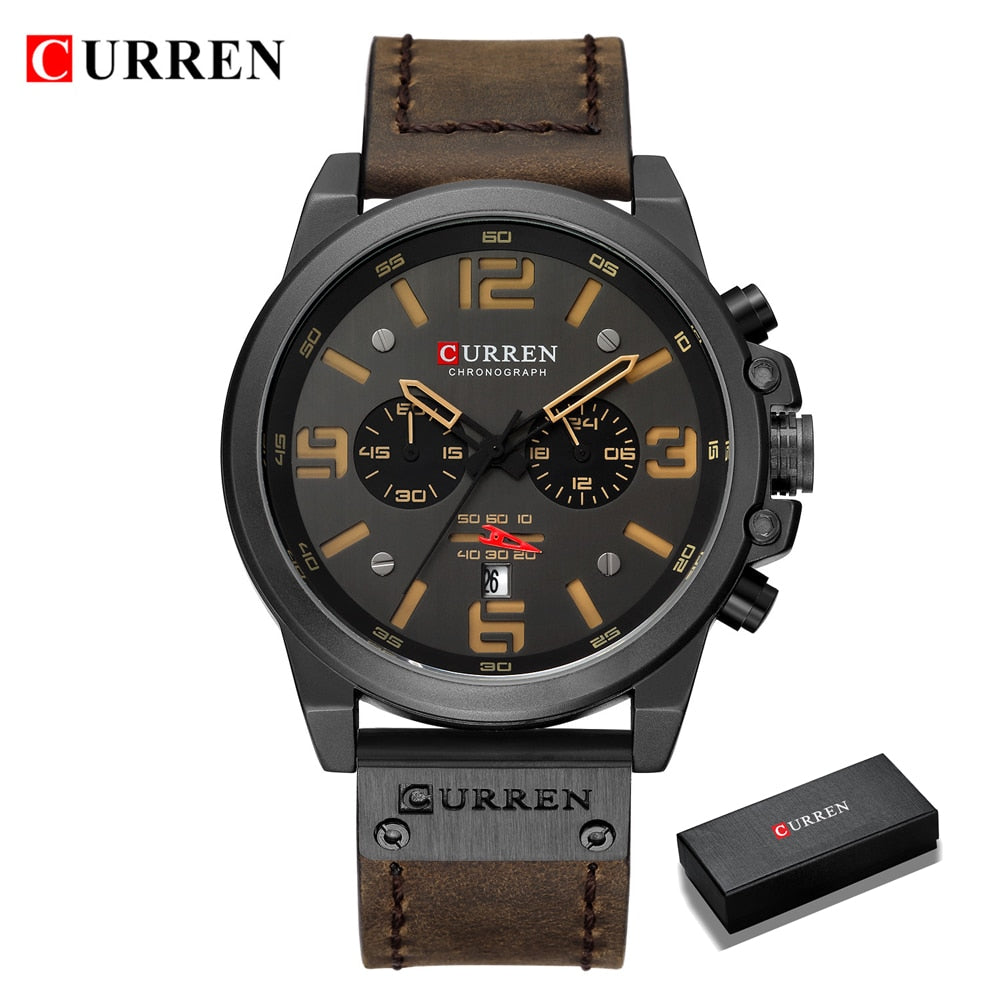 CURREN Mens Watches Top Luxury Brand Waterproof Sport Wrist Watch Chronograph Quartz Military Genuine Leather Relogio Masculino Enfom Clothing