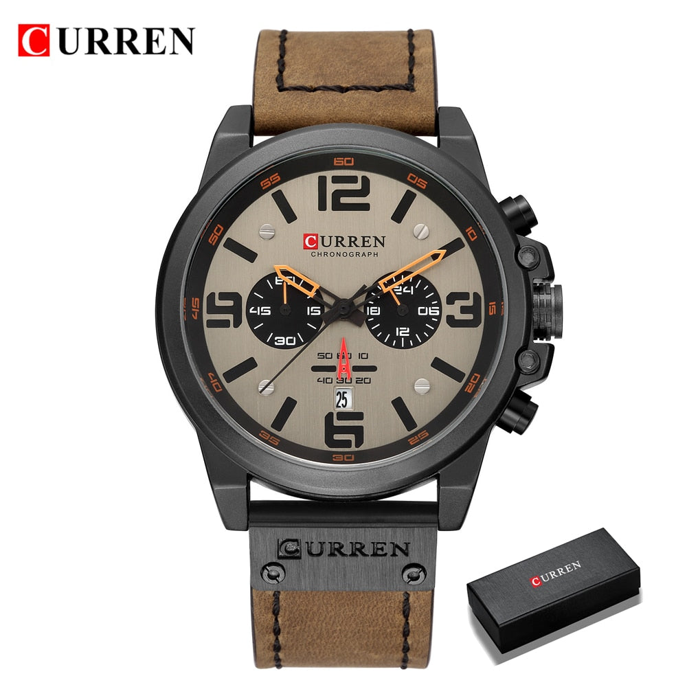 CURREN Mens Watches Top Luxury Brand Waterproof Sport Wrist Watch Chronograph Quartz Military Genuine Leather Relogio Masculino Enfom Clothing