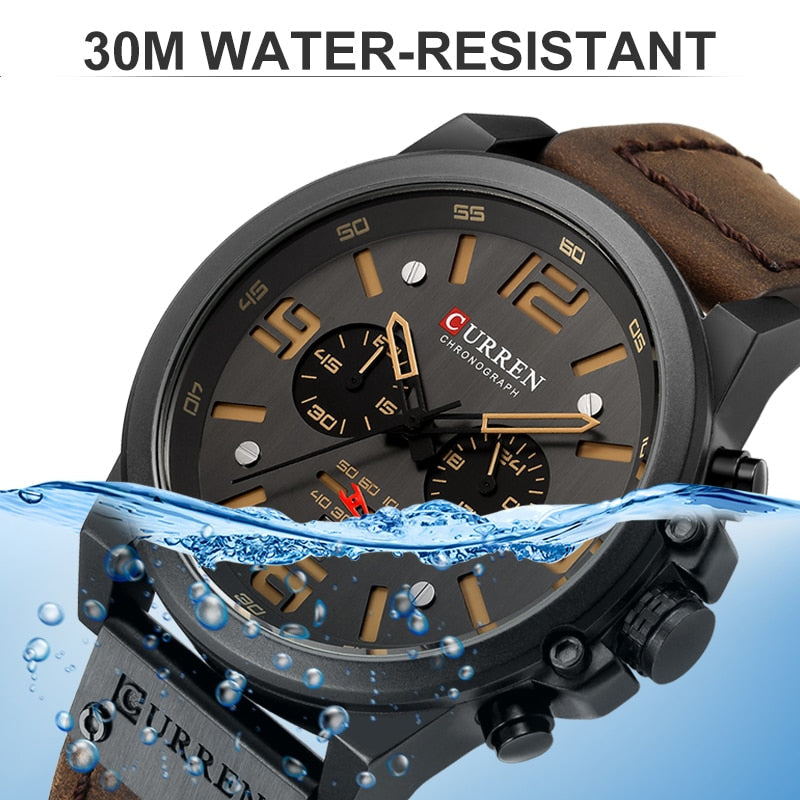 CURREN Mens Watches Top Luxury Brand Waterproof Sport Wrist Watch Chronograph Quartz Military Genuine Leather Relogio Masculino Enfom Clothing