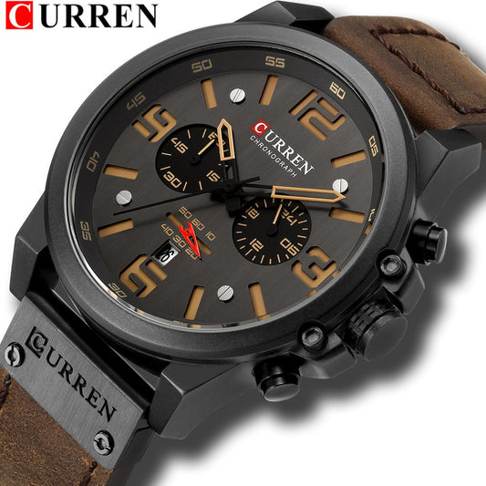 CURREN Mens Watches Top Luxury Brand Waterproof Sport Wrist Watch Chronograph Quartz Military Genuine Leather Relogio Masculino Enfom Clothing