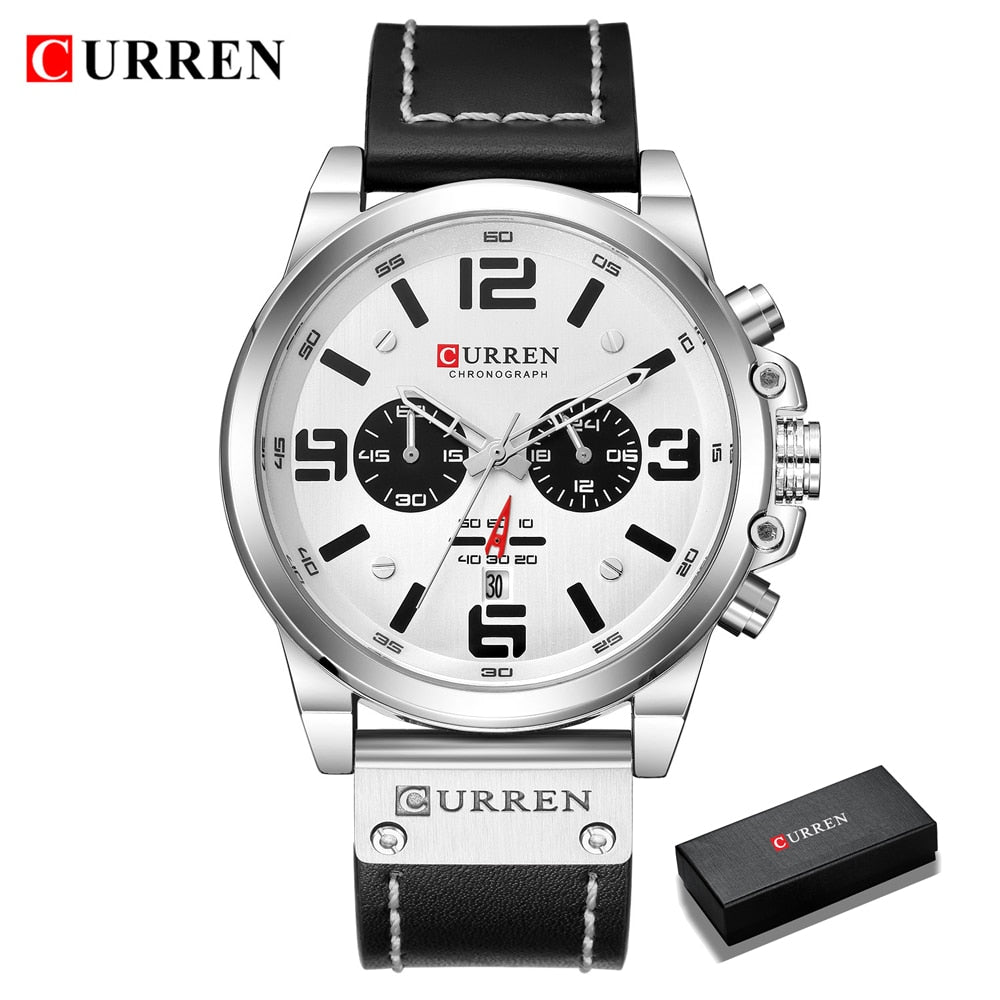 CURREN Mens Watches Top Luxury Brand Waterproof Sport Wrist Watch Chronograph Quartz Military Genuine Leather Relogio Masculino Enfom Clothing