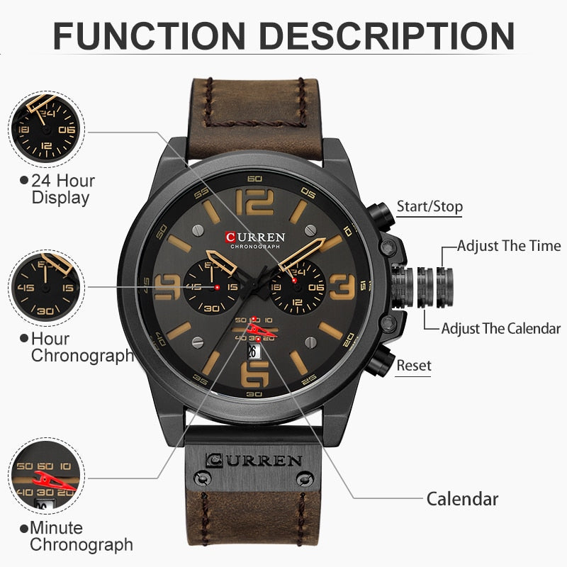 CURREN Mens Watches Top Luxury Brand Waterproof Sport Wrist Watch Chronograph Quartz Military Genuine Leather Relogio Masculino Enfom Clothing