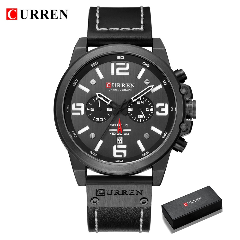 CURREN Mens Watches Top Luxury Brand Waterproof Sport Wrist Watch Chronograph Quartz Military Genuine Leather Relogio Masculino Enfom Clothing