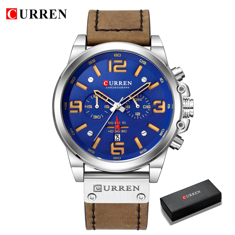 CURREN Mens Watches Top Luxury Brand Waterproof Sport Wrist Watch Chronograph Quartz Military Genuine Leather Relogio Masculino Enfom Clothing