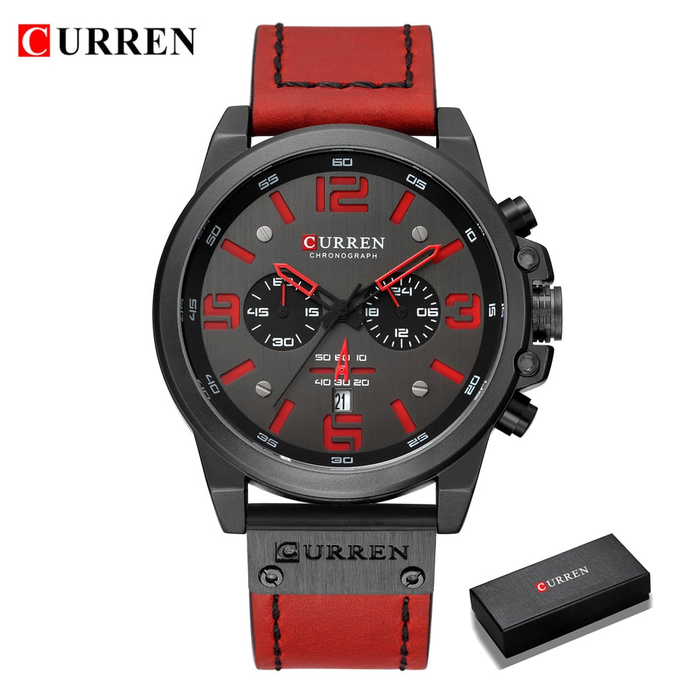 CURREN Mens Watches Top Luxury Brand Waterproof Sport Wrist Watch Chronograph Quartz Military Genuine Leather Relogio Masculino Enfom Clothing