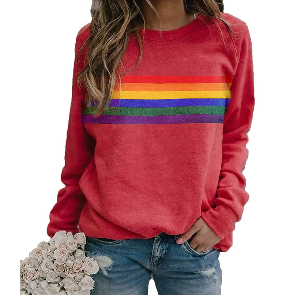 Color Striped Print Round Neck Pullover Long Sleeve Sweater Enfom Clothing