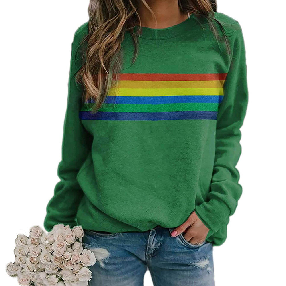 Color Striped Print Round Neck Pullover Long Sleeve Sweater Enfom Clothing