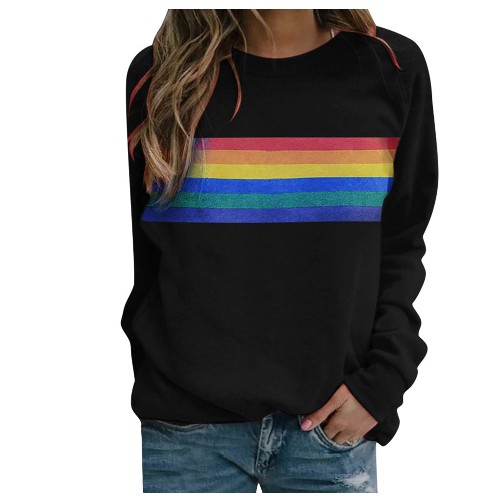 Color Striped Print Round Neck Pullover Long Sleeve Sweater Enfom Clothing