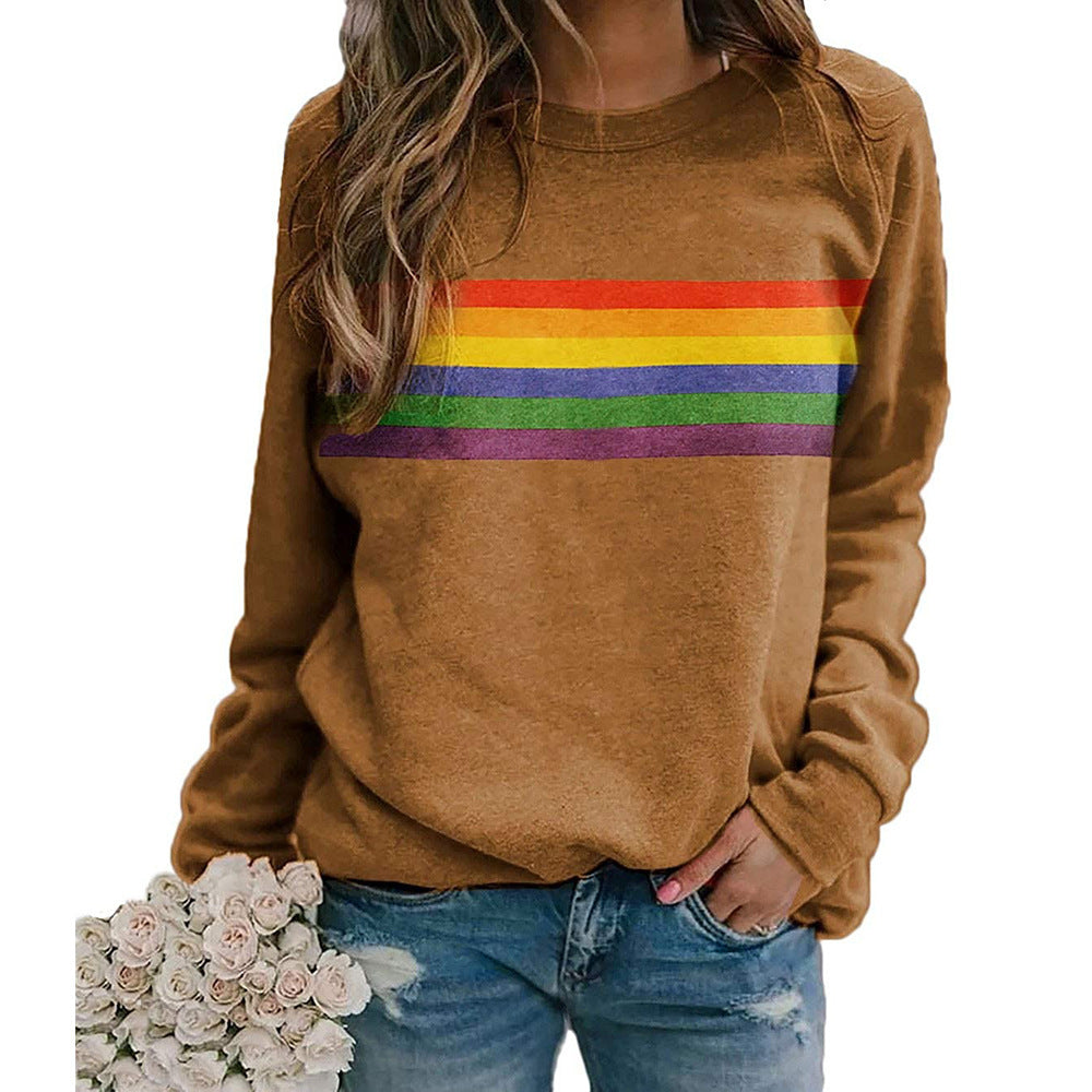 Color Striped Print Round Neck Pullover Long Sleeve Sweater Enfom Clothing