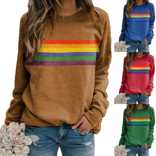 Color Striped Print Round Neck Pullover Long Sleeve Sweater Enfom Clothing