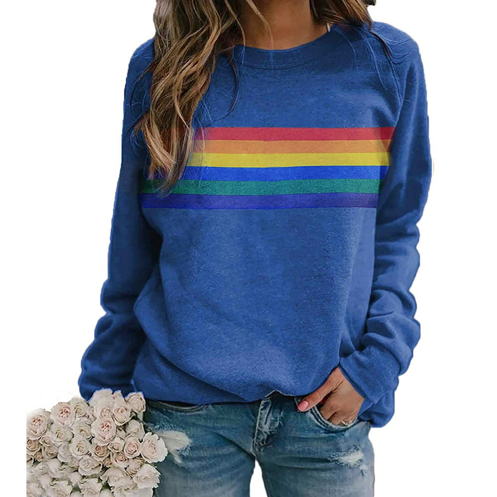 Color Striped Print Round Neck Pullover Long Sleeve Sweater Enfom Clothing