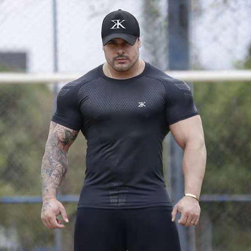 Compression Quick dry T-shirt Men Running Sport Skinny Short Tee Shirt Male Gym Fitness Bodybuilding Workout Black Tops Clothing Enfom Clothing