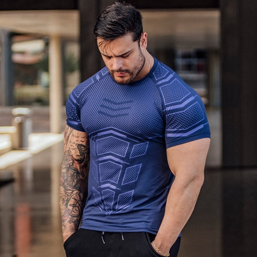 Compression Quick dry T-shirt Men Running Sport Skinny Short Tee Shirt Male Gym Fitness Bodybuilding Workout Black Tops Clothing Enfom Clothing