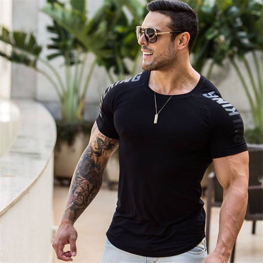 Compression Quick dry T-shirt Men Running Sport Skinny Short Tee Shirt Male Gym Fitness Bodybuilding Workout Black Tops Clothing Enfom Clothing