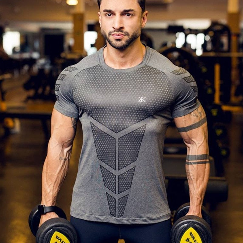 Compression Quick dry T-shirt Men Running Sport Skinny Short Tee Shirt Male Gym Fitness Bodybuilding Workout Black Tops Clothing Enfom Clothing