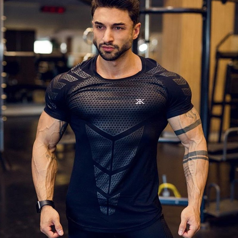 Compression Quick dry T-shirt Men Running Sport Skinny Short Tee Shirt Male Gym Fitness Bodybuilding Workout Black Tops Clothing Enfom Clothing