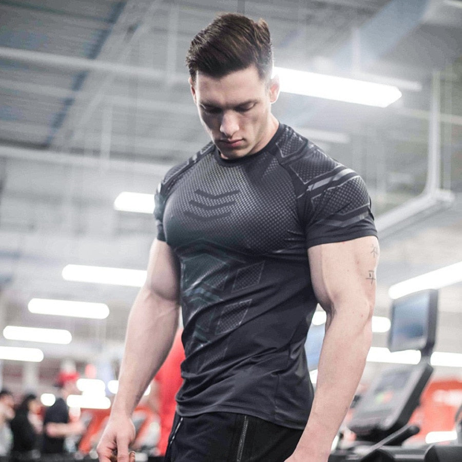 Compression Quick dry T-shirt Men Running Sport Skinny Short Tee Shirt Male Gym Fitness Bodybuilding Workout Black Tops Clothing Enfom Clothing