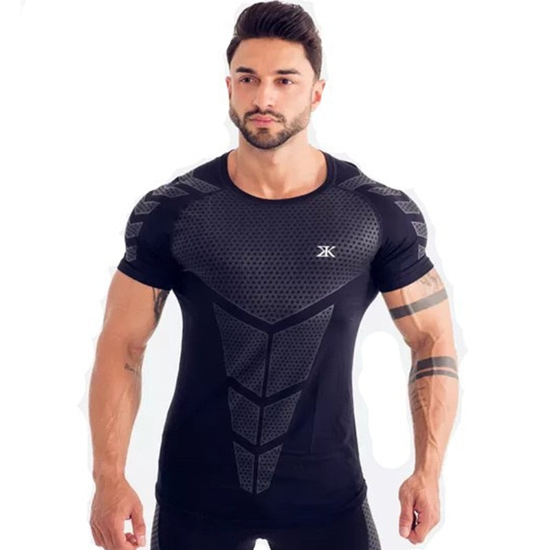 Compression Quick dry T-shirt Men Running Sport Skinny Short Tee Shirt Male Gym Fitness Bodybuilding Workout Black Tops Clothing Enfom Clothing