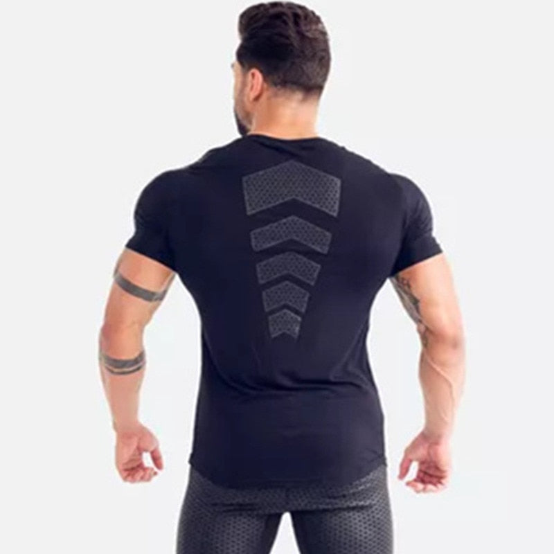 Compression Quick dry T-shirt Men Running Sport Skinny Short Tee Shirt Male Gym Fitness Bodybuilding Workout Black Tops Clothing Enfom Clothing