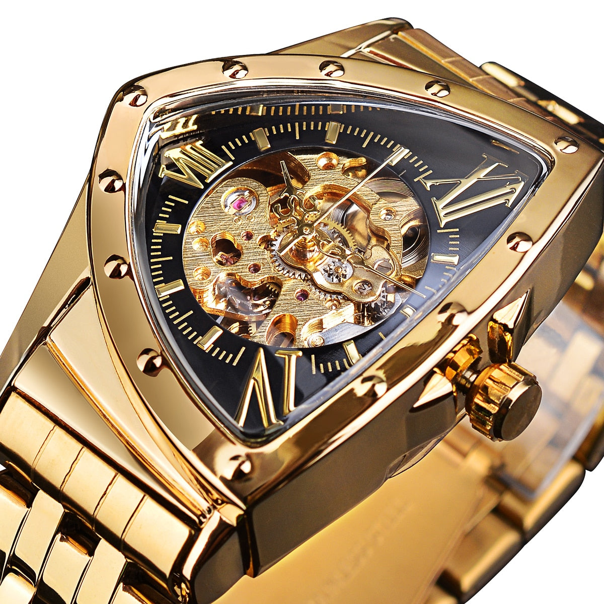 DUNCOUGAR Triangle Skeleton Black Automatic Watch Stainless Steel Men Business Sport Irregular Mechanical Wristwatch Enfom Clothing