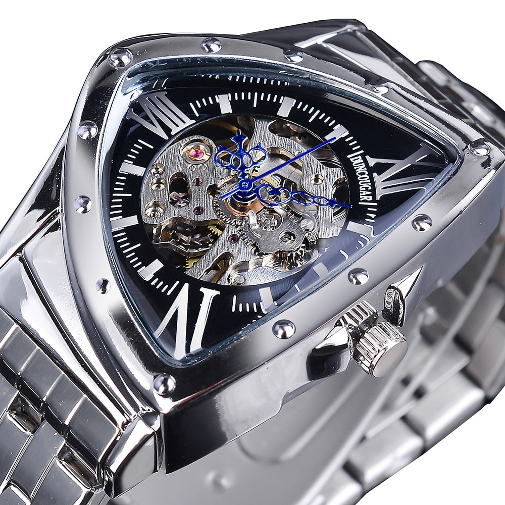 DUNCOUGAR Triangle Skeleton Black Automatic Watch Stainless Steel Men Business Sport Irregular Mechanical Wristwatch Enfom Clothing