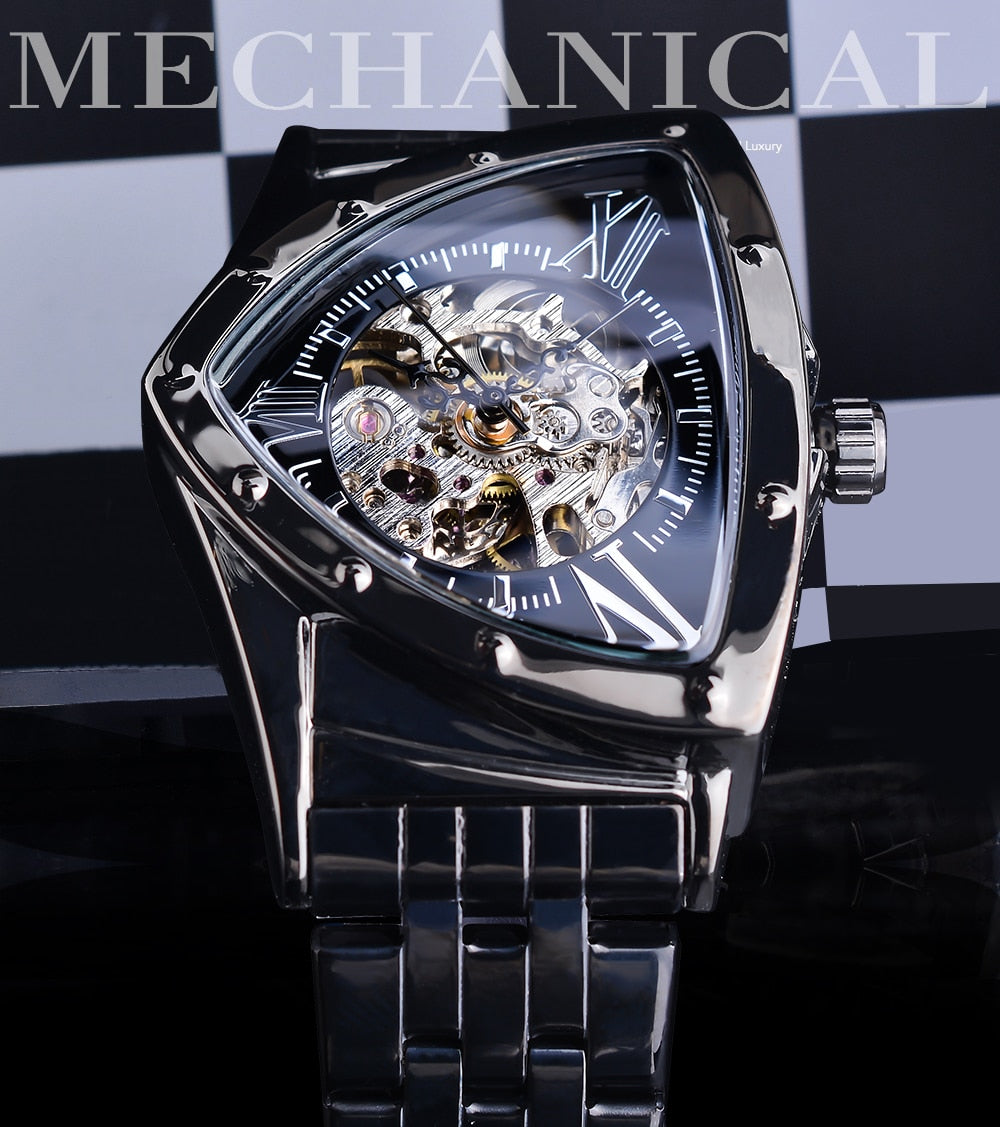 DUNCOUGAR Triangle Skeleton Black Automatic Watch Stainless Steel Men Business Sport Irregular Mechanical Wristwatch Enfom Clothing