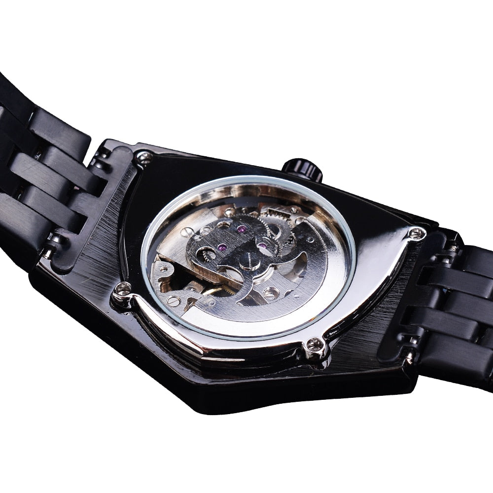 DUNCOUGAR Triangle Skeleton Black Automatic Watch Stainless Steel Men Business Sport Irregular Mechanical Wristwatch Enfom Clothing