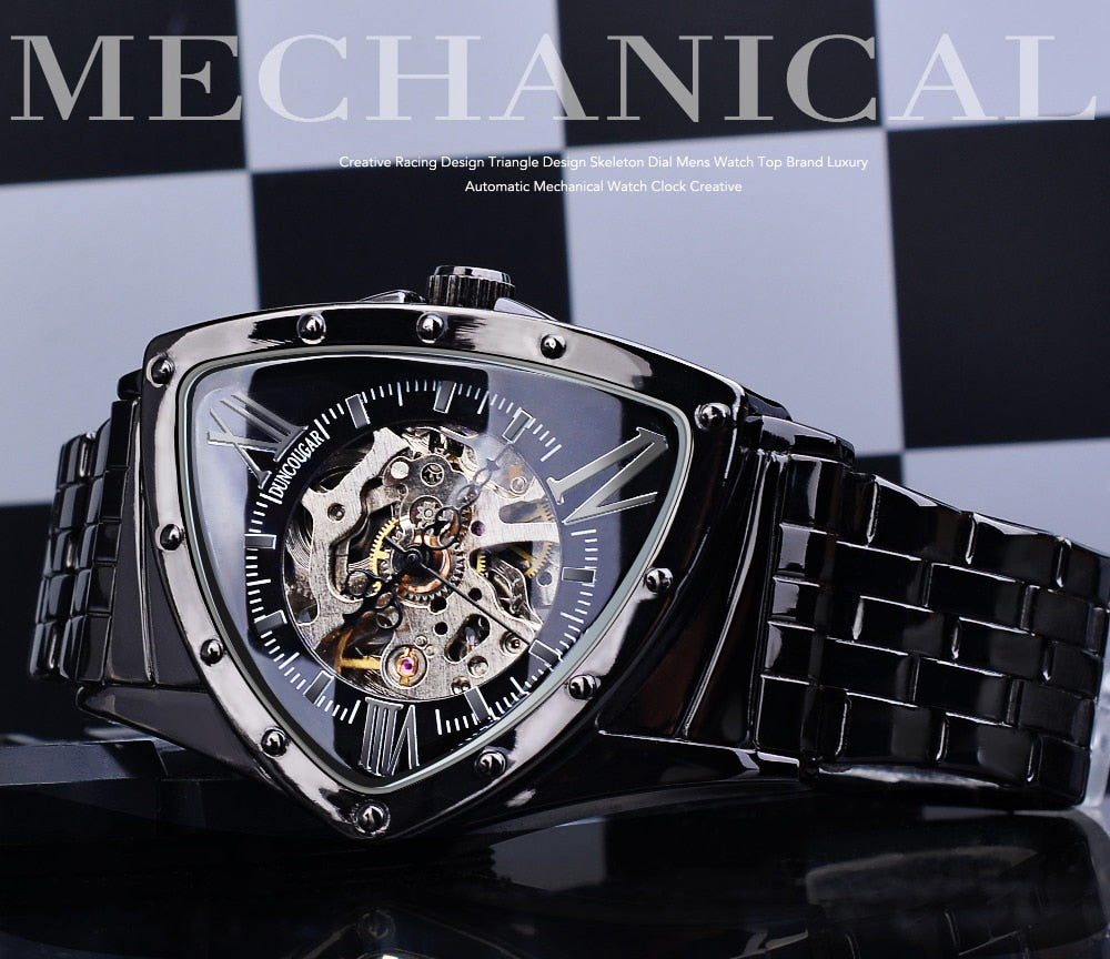 DUNCOUGAR Triangle Skeleton Black Automatic Watch Stainless Steel Men Business Sport Irregular Mechanical Wristwatch Enfom Clothing