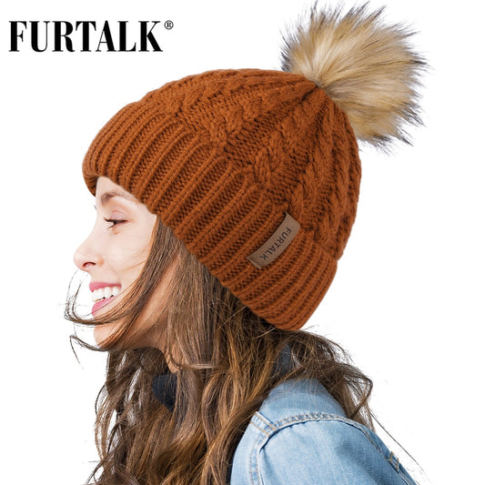 FURTALK Faux Fur Pom Winter Beanie Hat foR Women Winter Knitted Pom Pom Hat Autumn Winter Female Pom Pom Hats for Girls Enfom Clothing