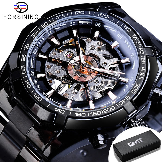 Forsining 2021 Stainless Steel Waterproof Mens Skeleton Watches Top Brand Luxury Transparent Mechanical Sport Male Wrist Watches Enfom Clothing