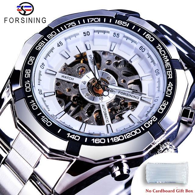 Forsining 2021 Stainless Steel Waterproof Mens Skeleton Watches Top Brand Luxury Transparent Mechanical Sport Male Wrist Watches Enfom Clothing