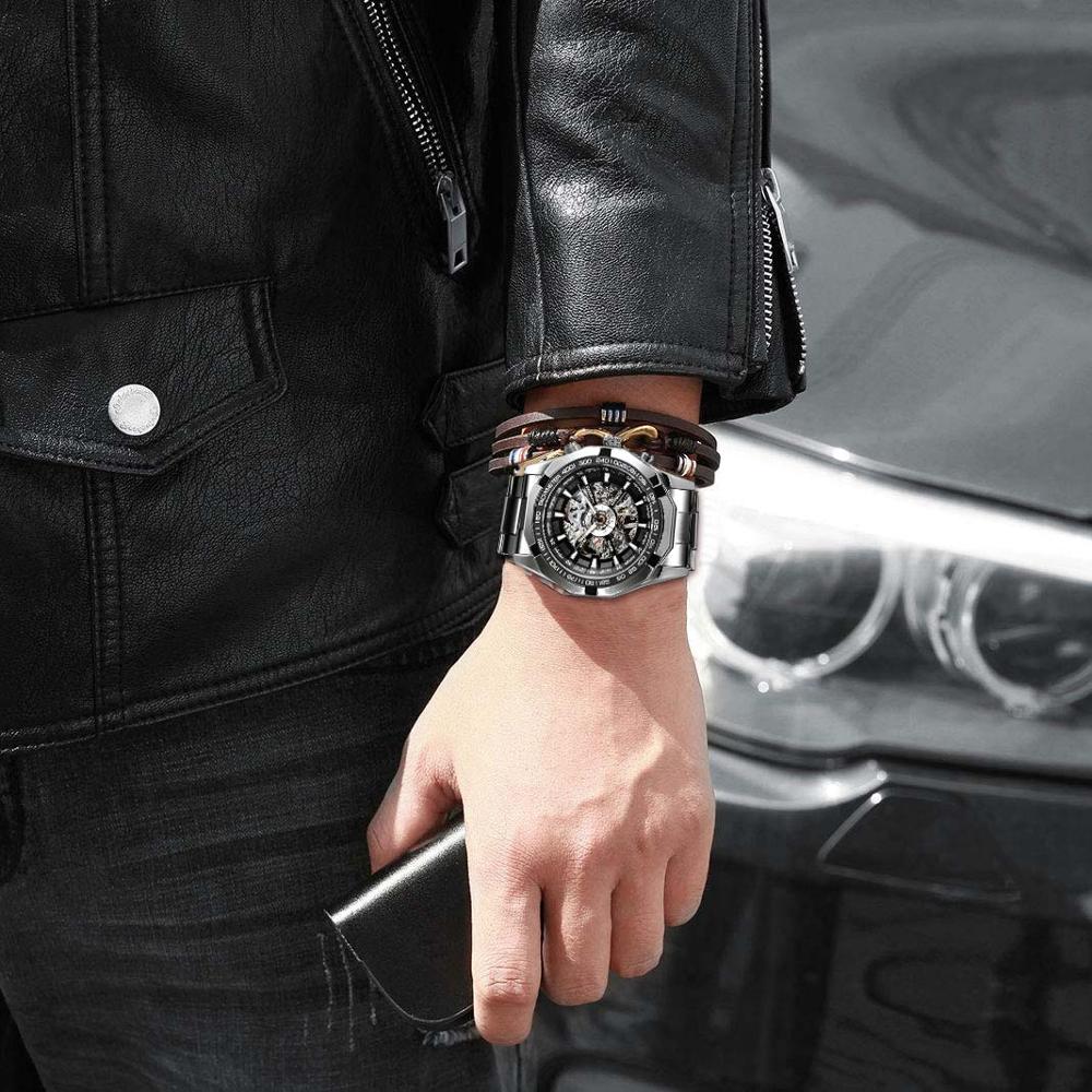 Forsining 2021 Stainless Steel Waterproof Mens Skeleton Watches Top Brand Luxury Transparent Mechanical Sport Male Wrist Watches Enfom Clothing