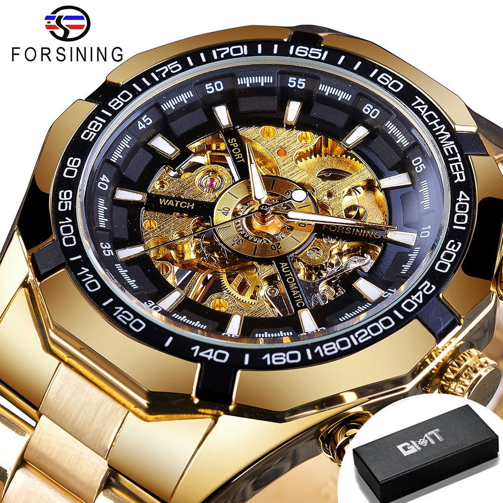 Forsining 2021 Stainless Steel Waterproof Mens Skeleton Watches Top Brand Luxury Transparent Mechanical Sport Male Wrist Watches Enfom Clothing