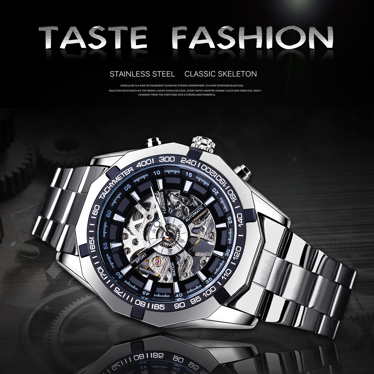 Forsining 2021 Stainless Steel Waterproof Mens Skeleton Watches Top Brand Luxury Transparent Mechanical Sport Male Wrist Watches Enfom Clothing