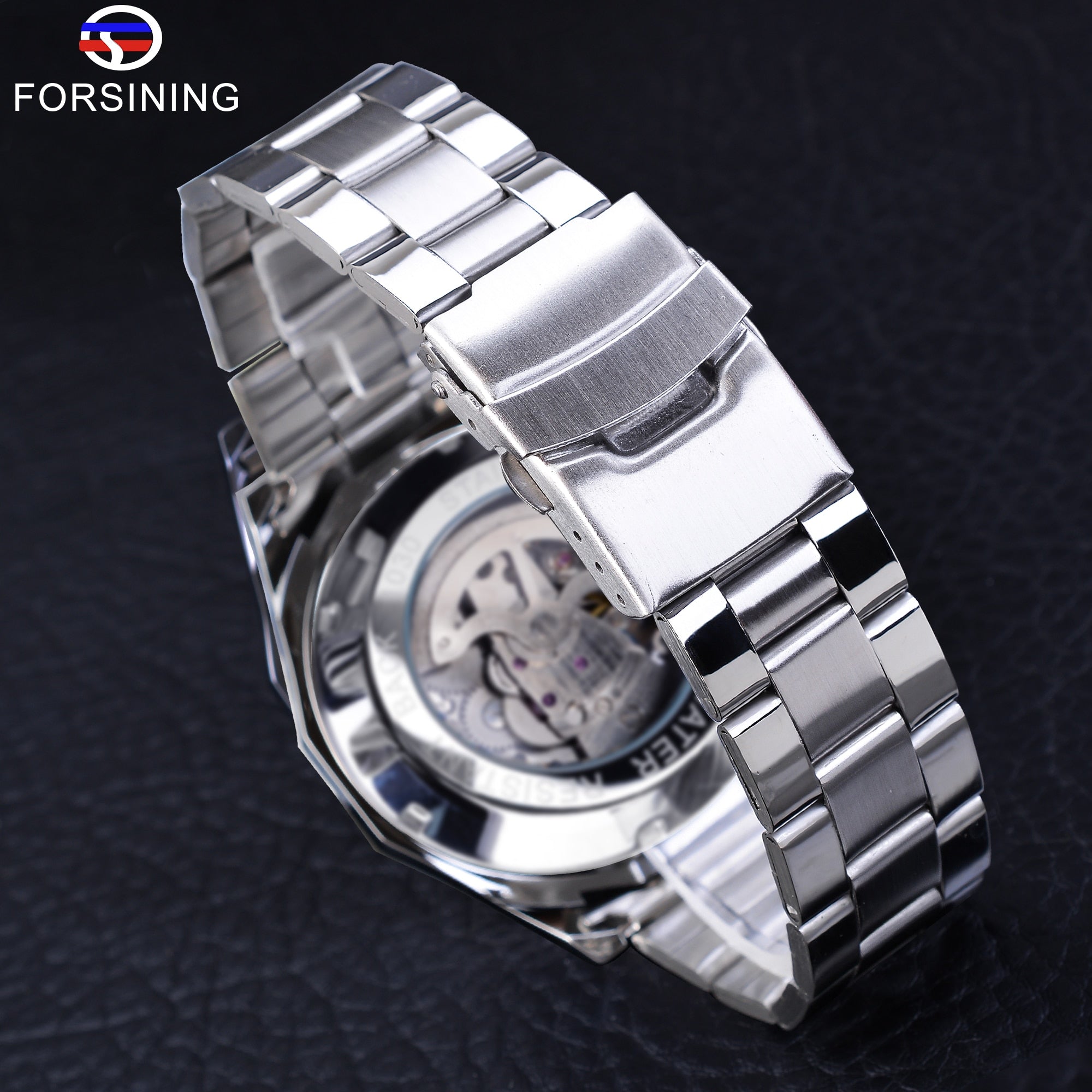 Forsining 2021 Stainless Steel Waterproof Mens Skeleton Watches Top Brand Luxury Transparent Mechanical Sport Male Wrist Watches Enfom Clothing