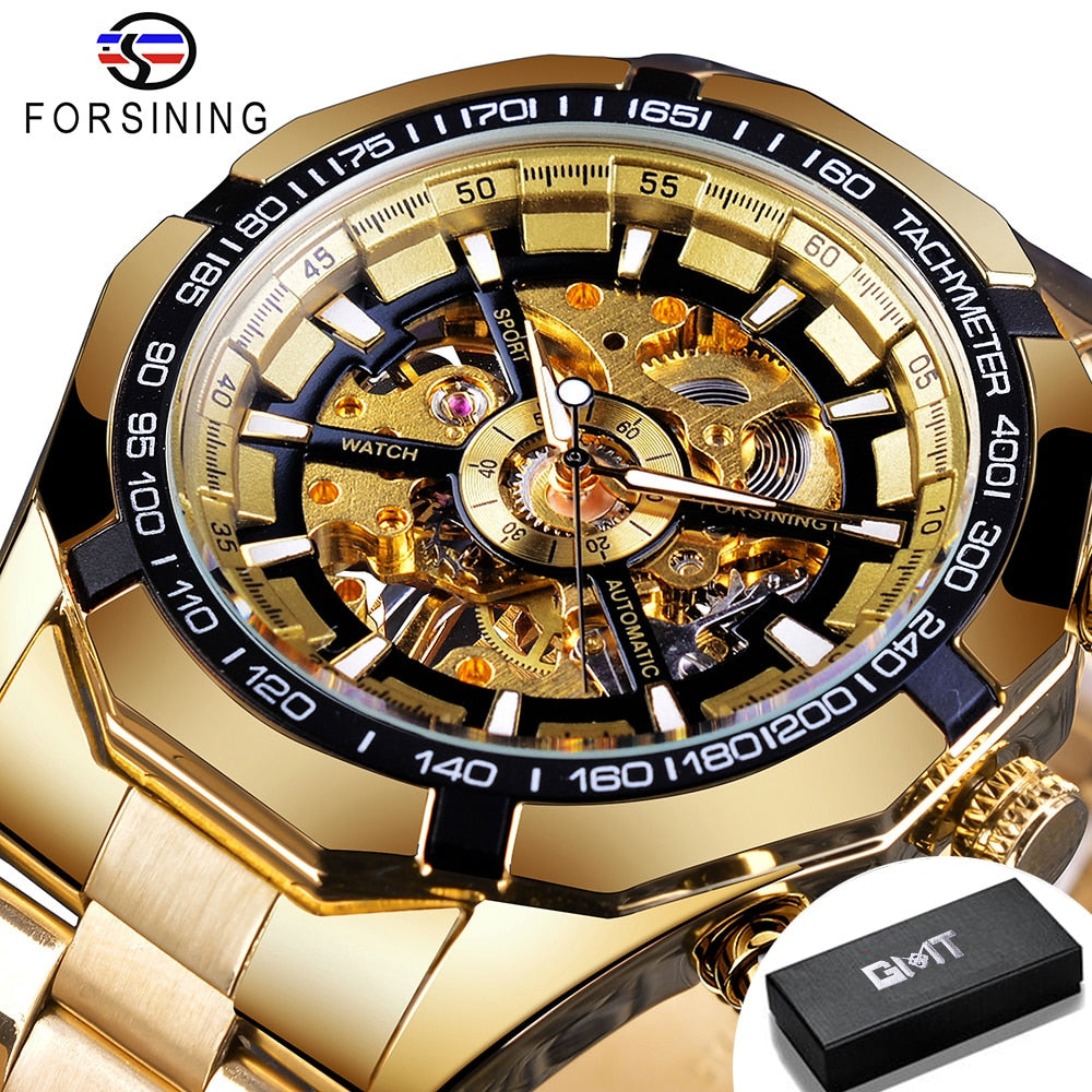 Forsining 2021 Stainless Steel Waterproof Mens Skeleton Watches Top Brand Luxury Transparent Mechanical Sport Male Wrist Watches Enfom Clothing