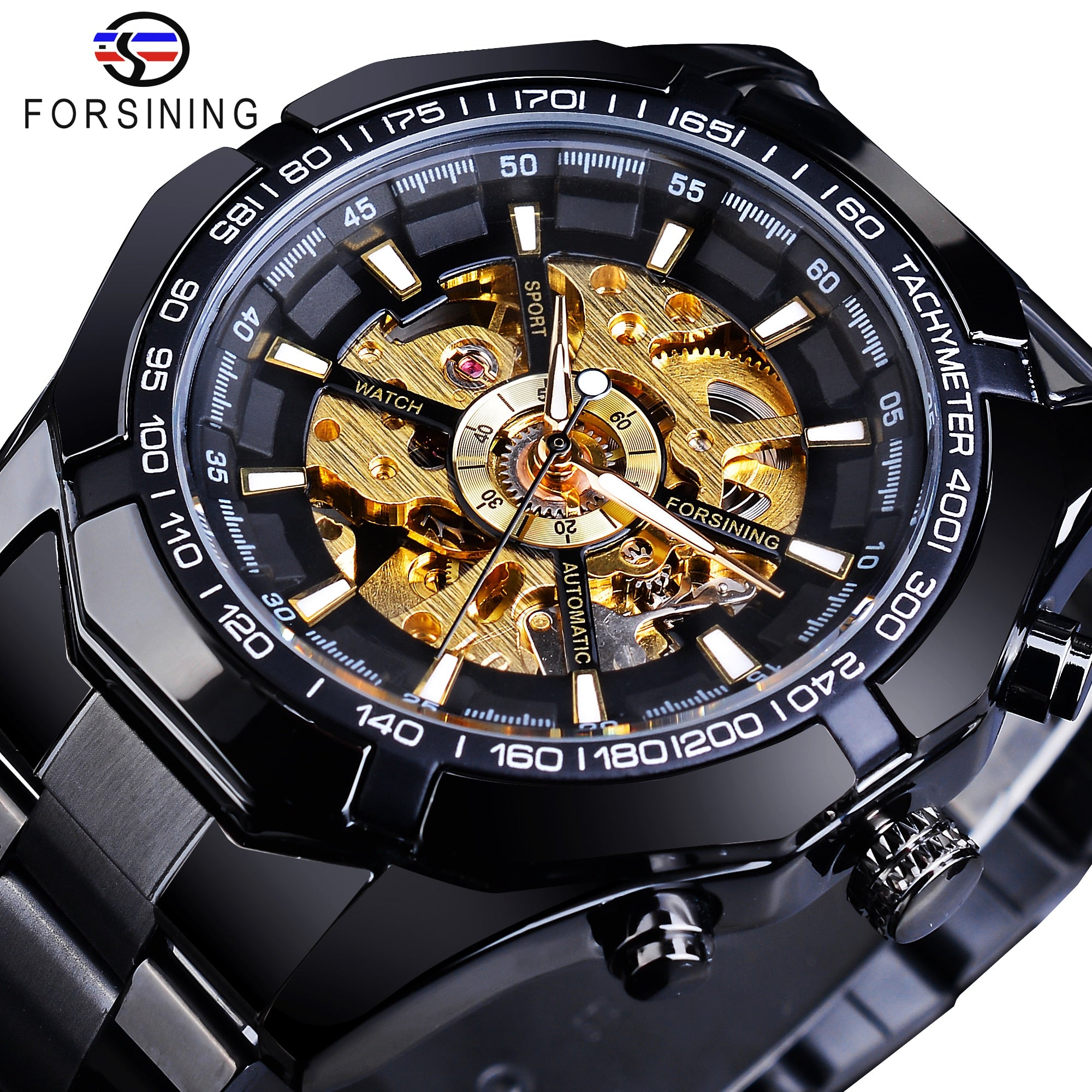 Forsining 2021 Stainless Steel Waterproof Mens Skeleton Watches Top Brand Luxury Transparent Mechanical Sport Male Wrist Watches Enfom Clothing