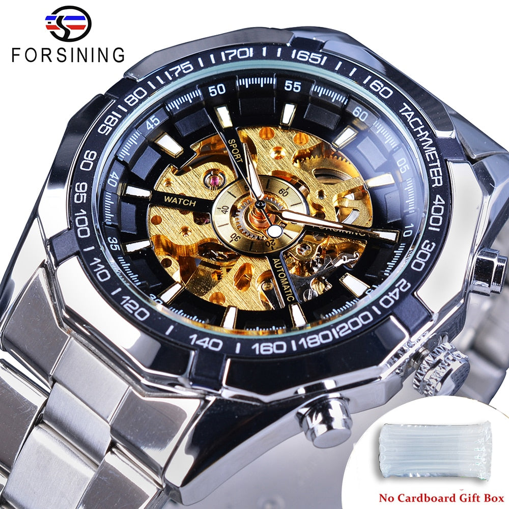 Forsining 2021 Stainless Steel Waterproof Mens Skeleton Watches Top Brand Luxury Transparent Mechanical Sport Male Wrist Watches Enfom Clothing