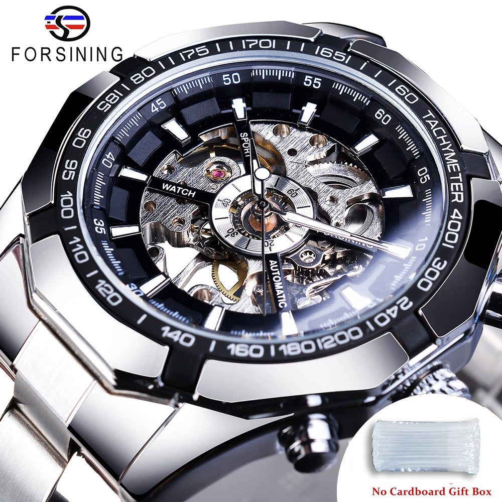 Forsining 2021 Stainless Steel Waterproof Mens Skeleton Watches Top Brand Luxury Transparent Mechanical Sport Male Wrist Watches Enfom Clothing